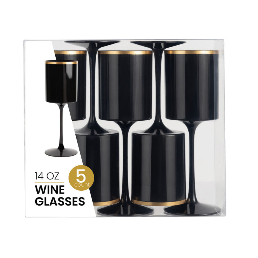 Square Wine Glass 14oz Black/Gold Rim (5 Count) - The Closeout Connection