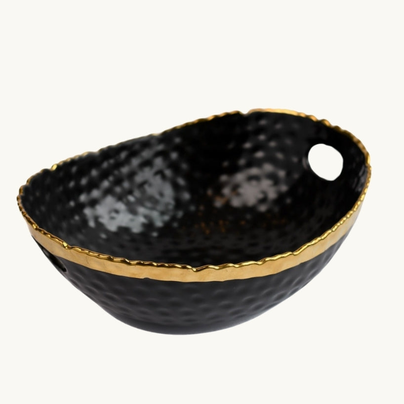 Black and Gold Pebbled Ceramic Bowl with Handle