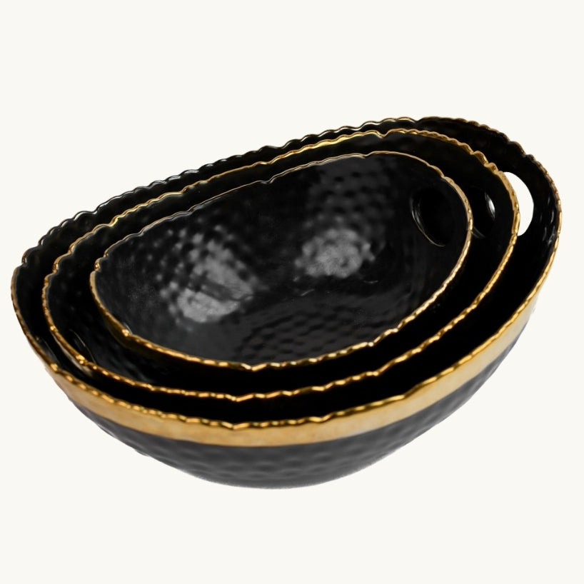 Black and Gold Pebbled Ceramic Bowl with Handle