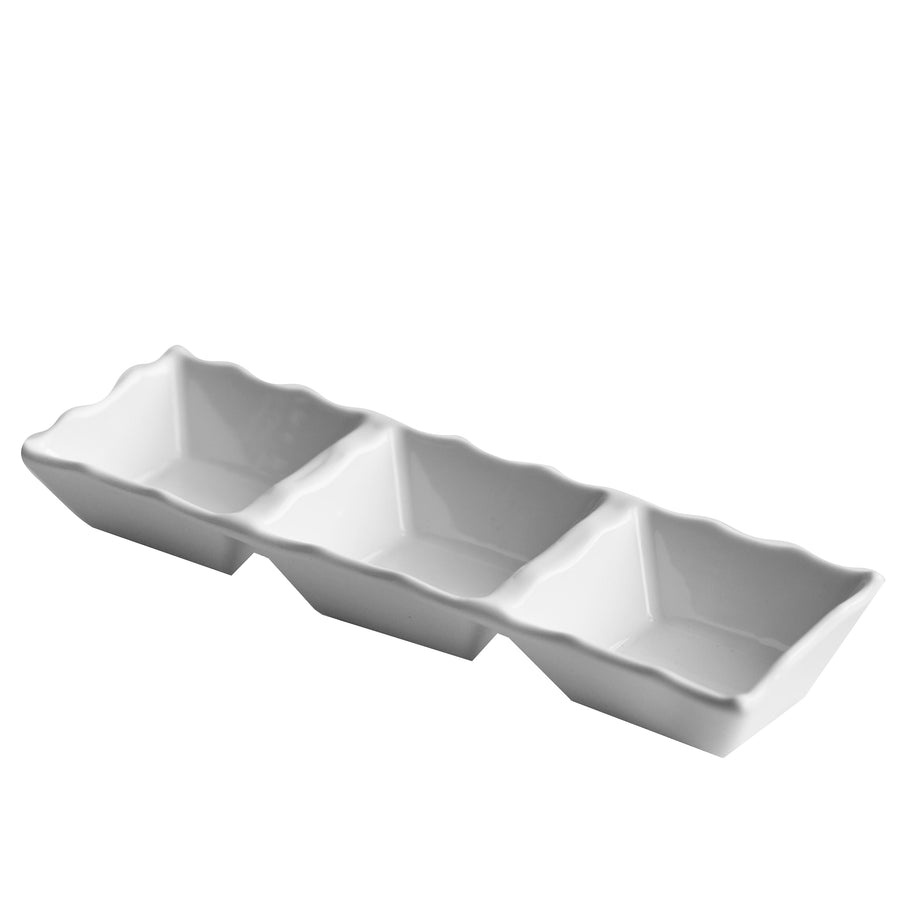 White 3 Section Curved Edge Ceramic Dish 9.5" - The Closeout Connection