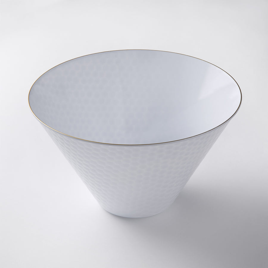White cone salad bowl with gold rim, large