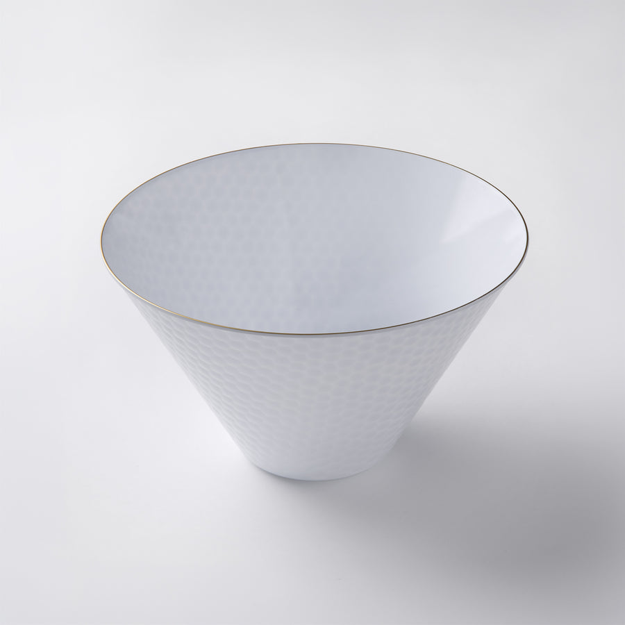 White cone salad bowl with gold rim, medium