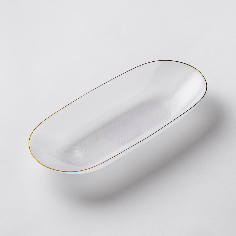 Pearl white oval plastic serving bowl with gold rim