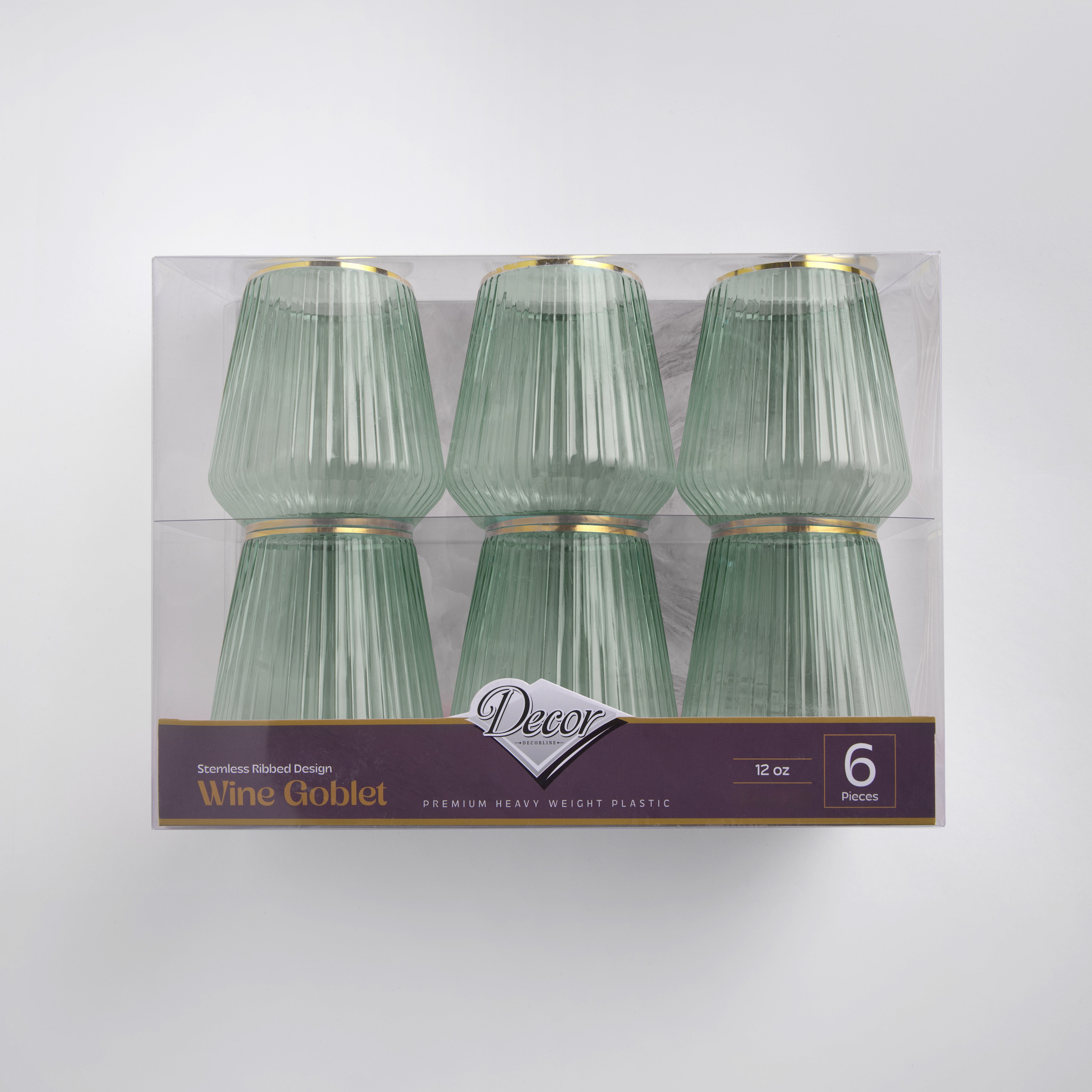 Decor Green & Gold ribbed stemless goblets 12 oz - 6 pack retail box