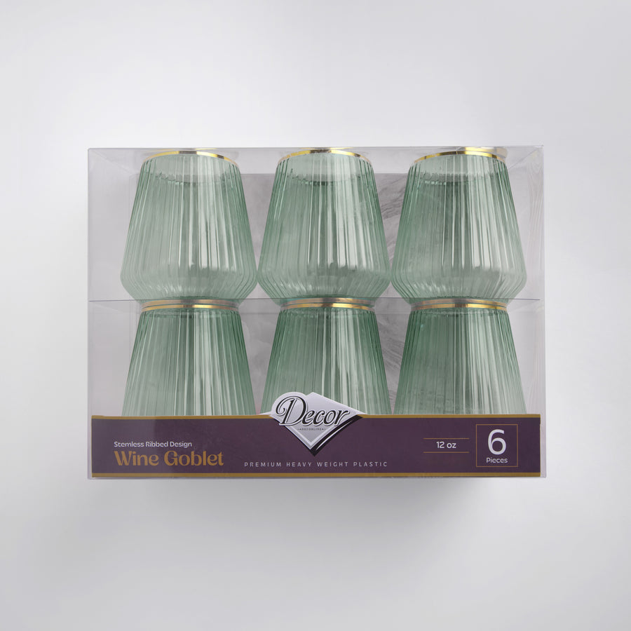 Decor Green & Gold ribbed stemless goblets 12 oz - 6 pack retail box