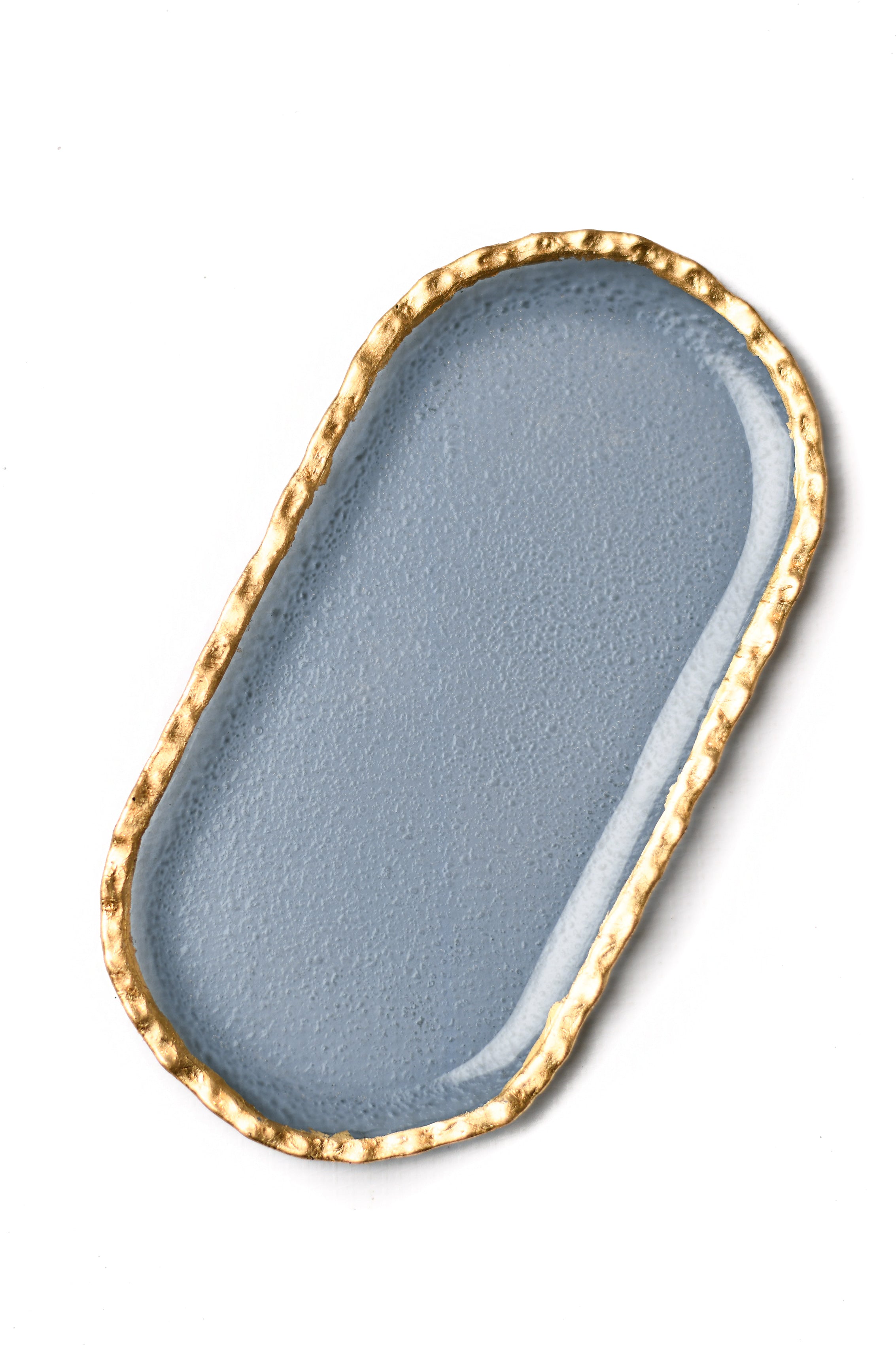 Oval Blue Glass Tray with Gold Rim