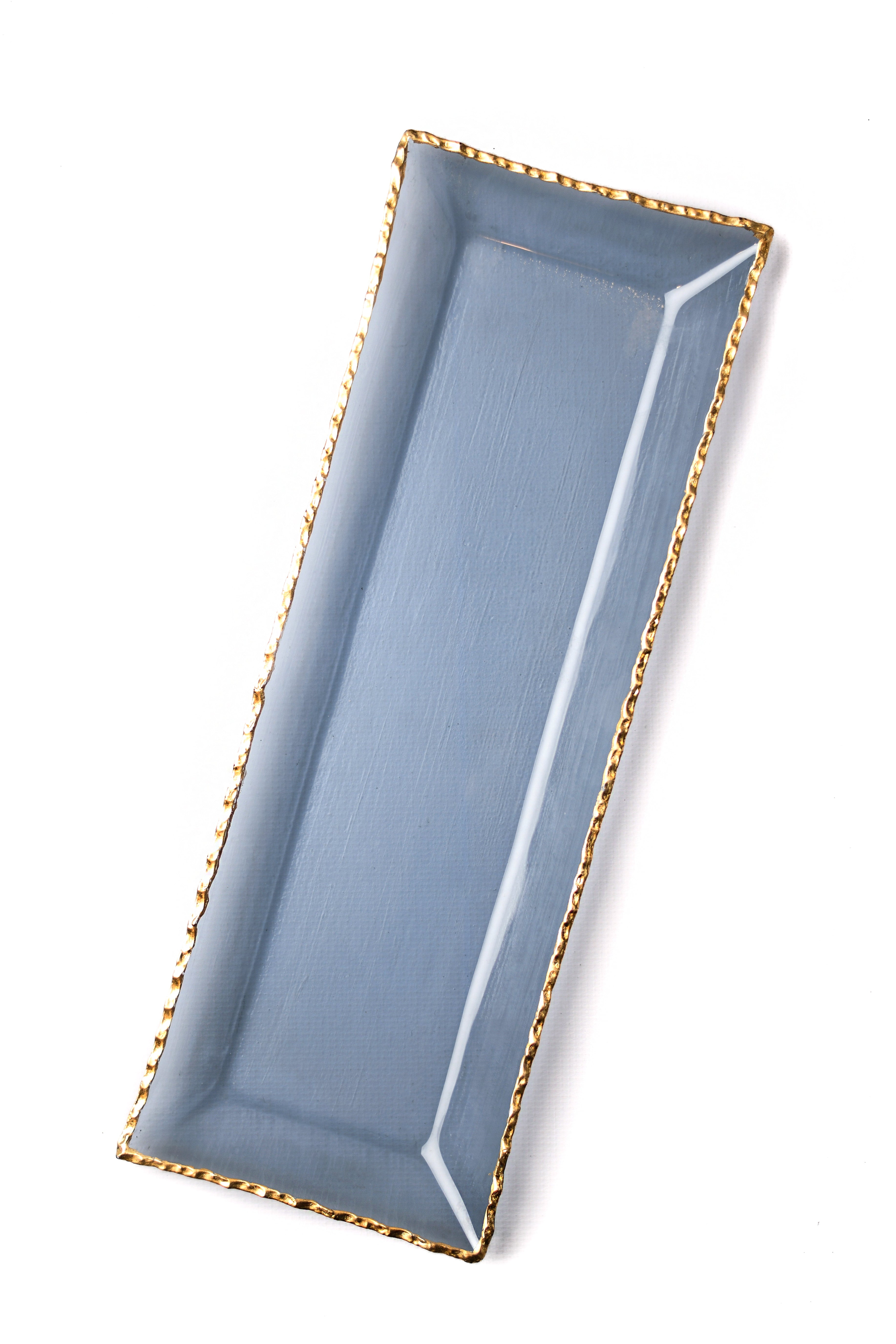 Rectangular Glass Blue Tray with Gold Rim