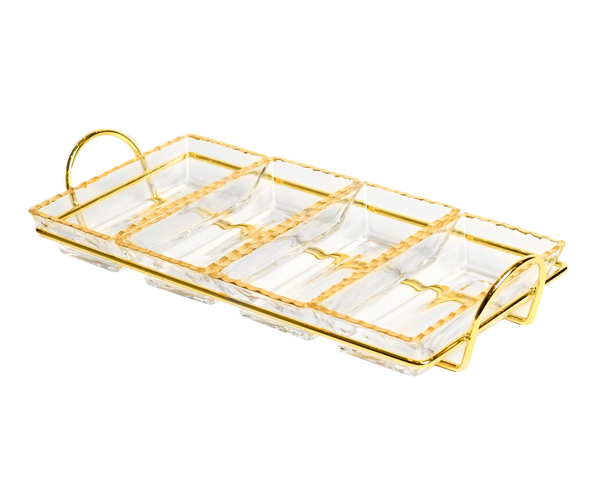 Monte Carlo Trays with Gold Metal Stand 4oz - The Closeout Connection#Color_Gold#Size_Set of Four Trays with Gold Metal Stand- 4oz