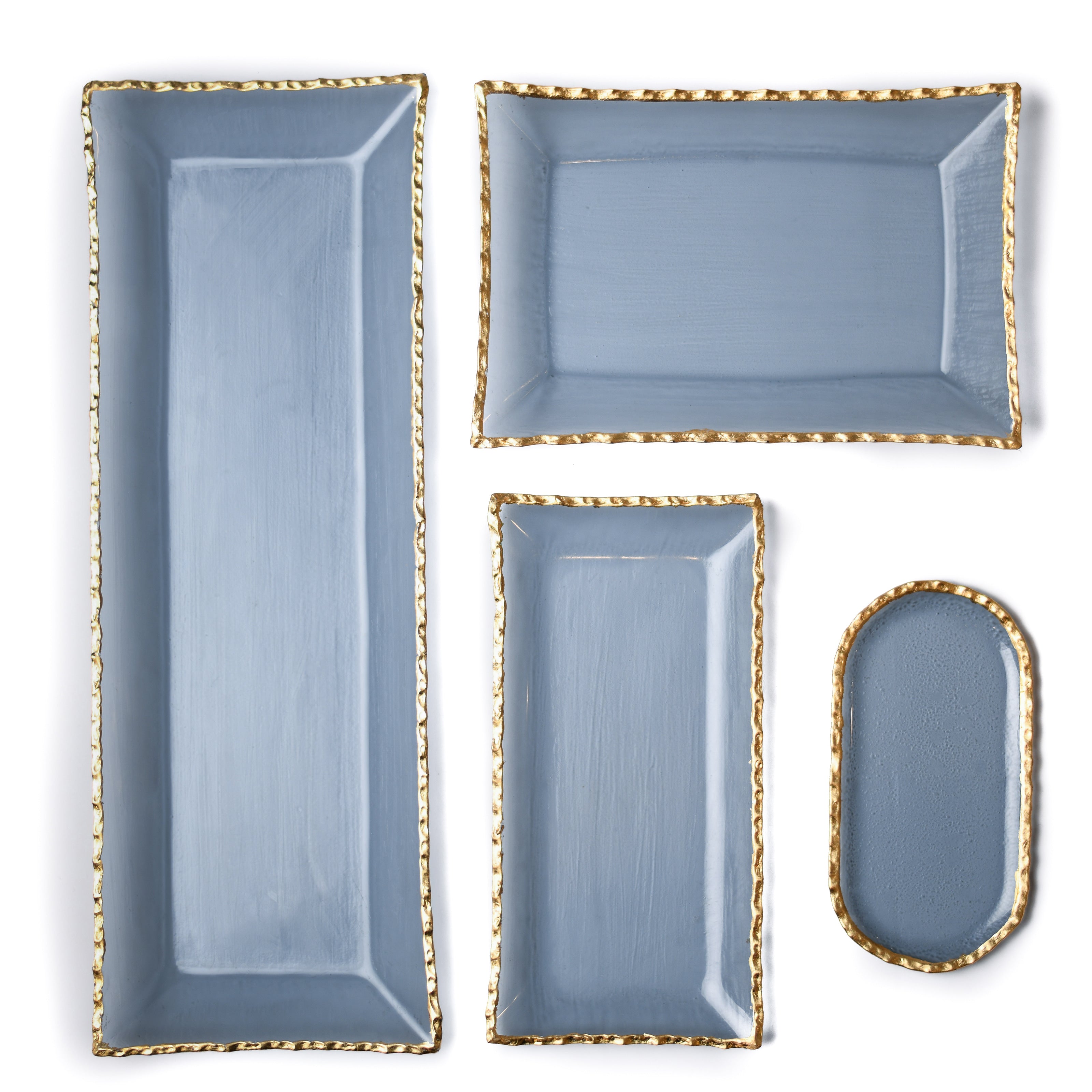 Oval Blue Glass Tray with Gold Rim