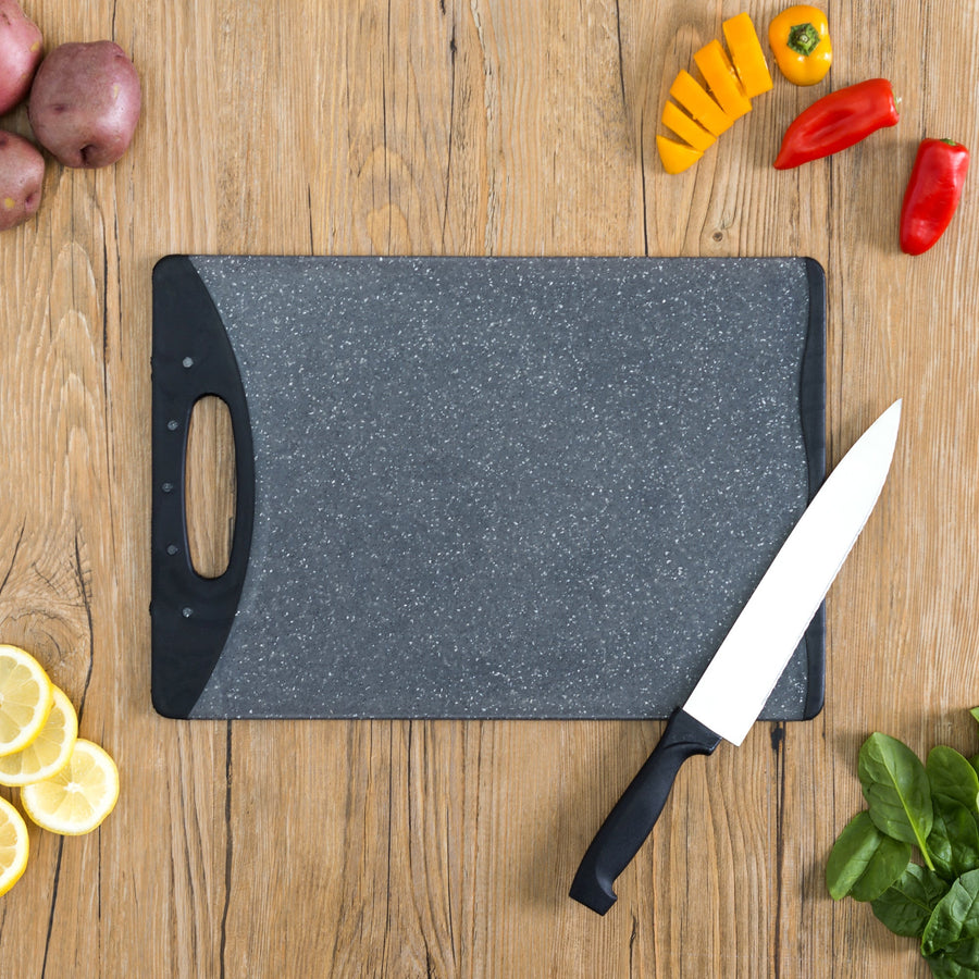 Granite plastic cutting board with knife and vegetables - The Closeout Connection