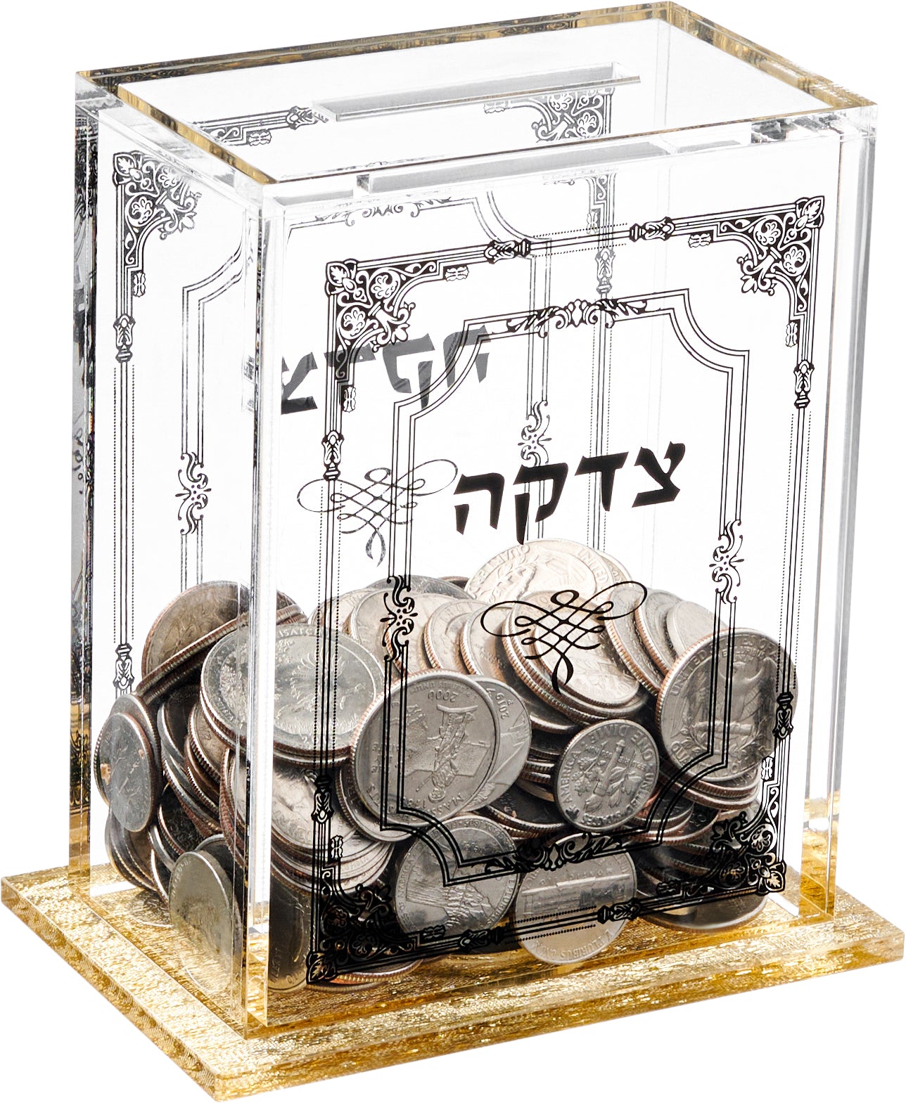 Lucite Tzedakah Box- Gold Base - The Closeout Connection