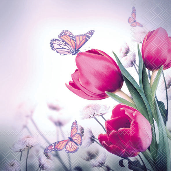 Butterfly & Tulips Lunch Napkin - 20 Count - The Closeout Connection