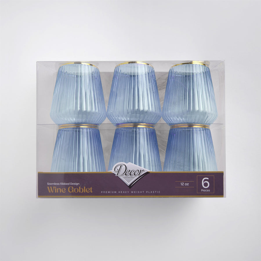 Stemless Ribbed Wine Goblets 12 oz - 6 Count - Blue-Gold