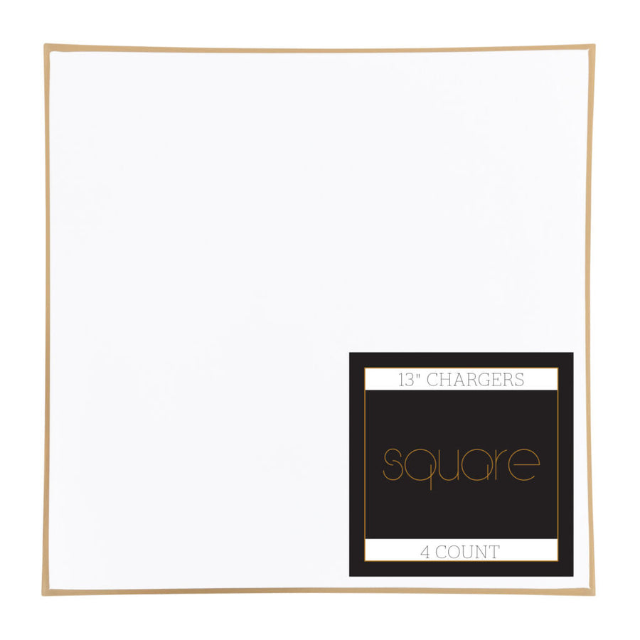 Square Flat Chargers 13" White Gold Rim - 4 Count