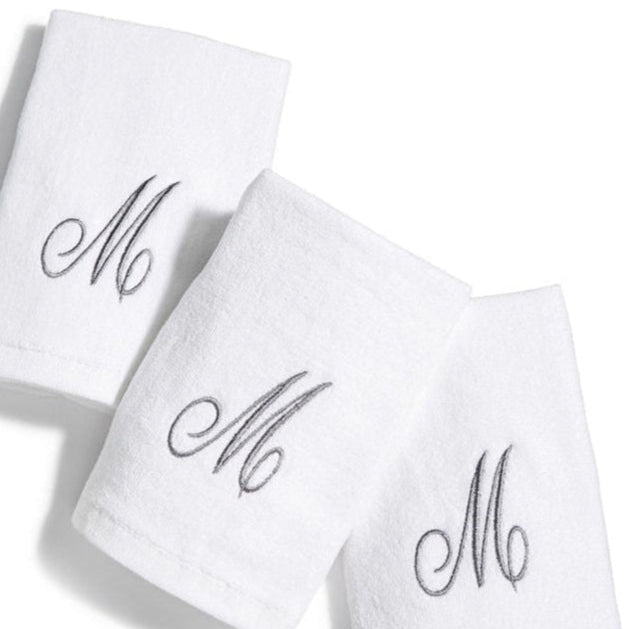 Six Monogrammed Fingertip Towel Set White and Silver - The Closeout Connection