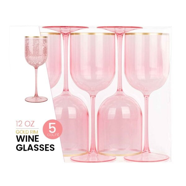 12 oz Pink Gold Rim Wine Glasses - 5 Count