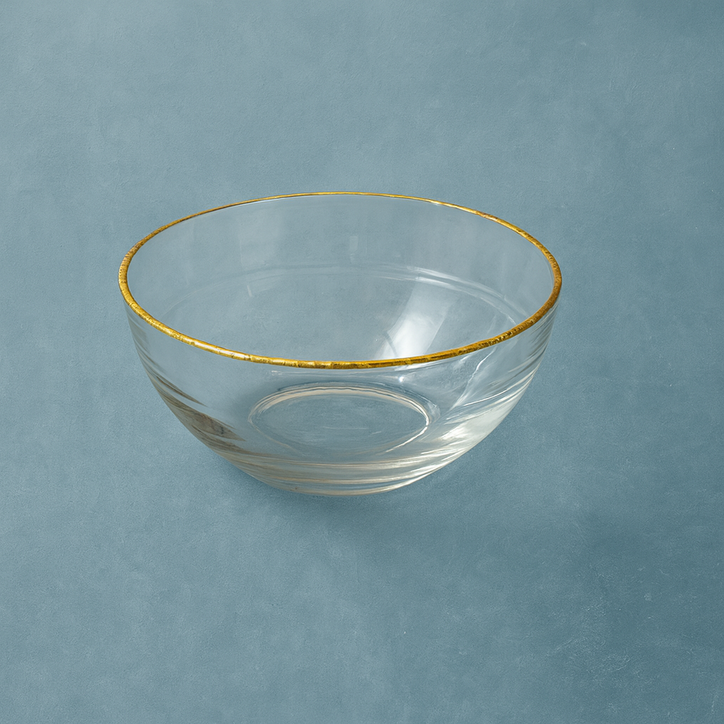 Clear Glass Bowl with Gold Rim 8"
