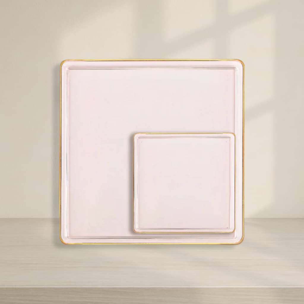 Square Plates Pink Transparent/Gold Rim - 10 Count