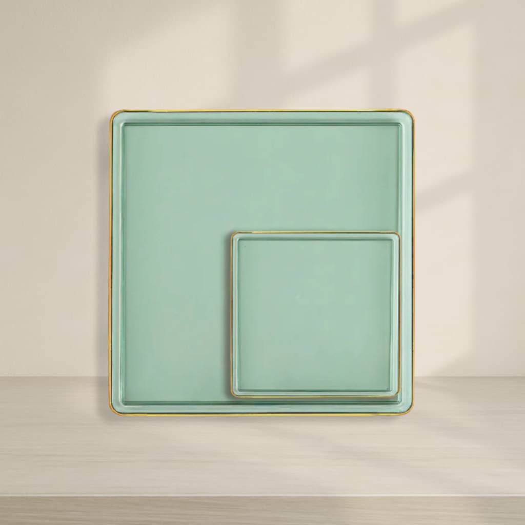 Square Edge Plates Green Transparent/Gold Rim