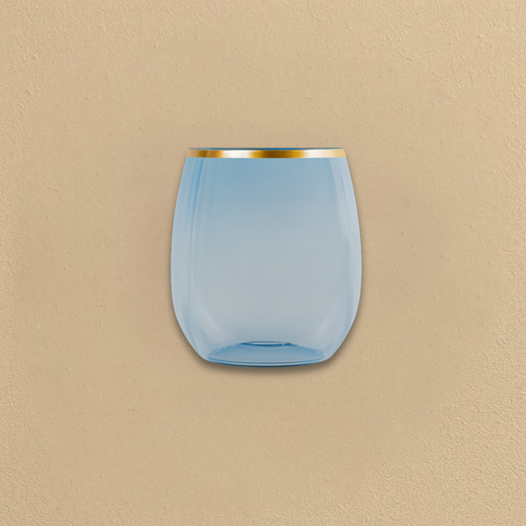 12oz Blue/Gold Rim Stemless Goblets- 6 Count