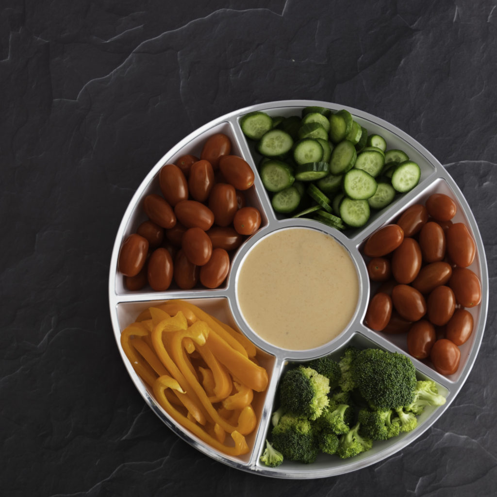 White 6 section round tray filled with vegetables and dip#Color_White-Silver