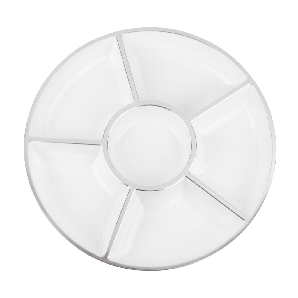 6 section round plastic serving tray, white with silver trim, top view#Color_White-Silver