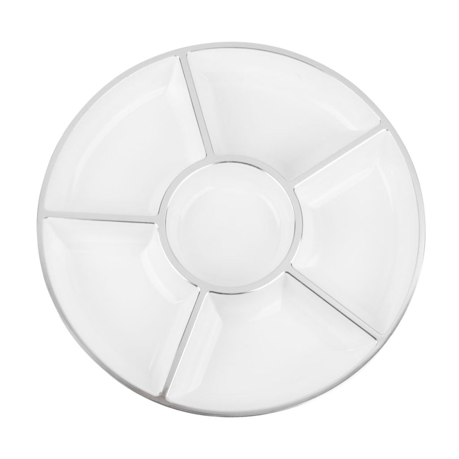 6 section round plastic serving tray, white with silver trim, top view
