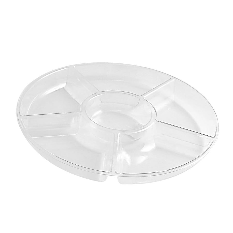 6 section round plastic serving tray, clear, angled view