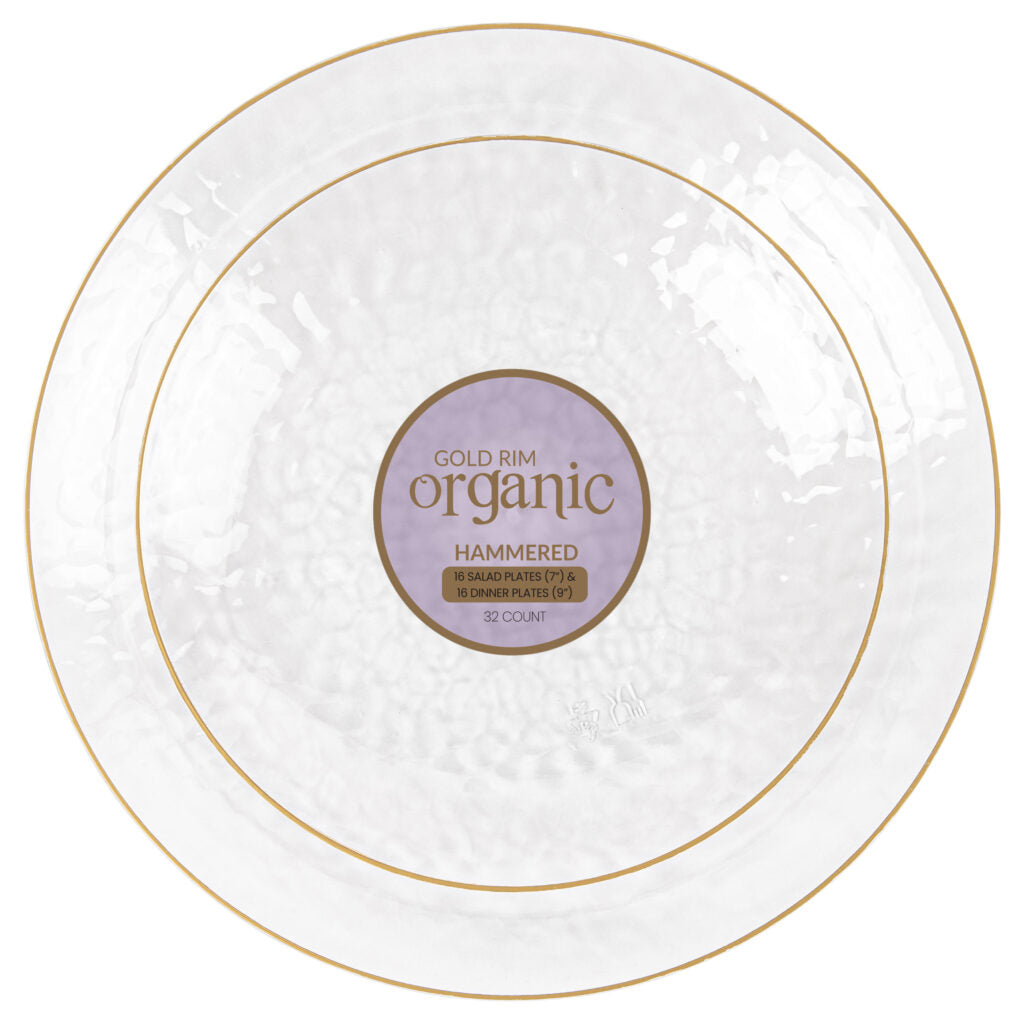 Clear Hammered Organic Gold Rim Combo Plates - 32 Count