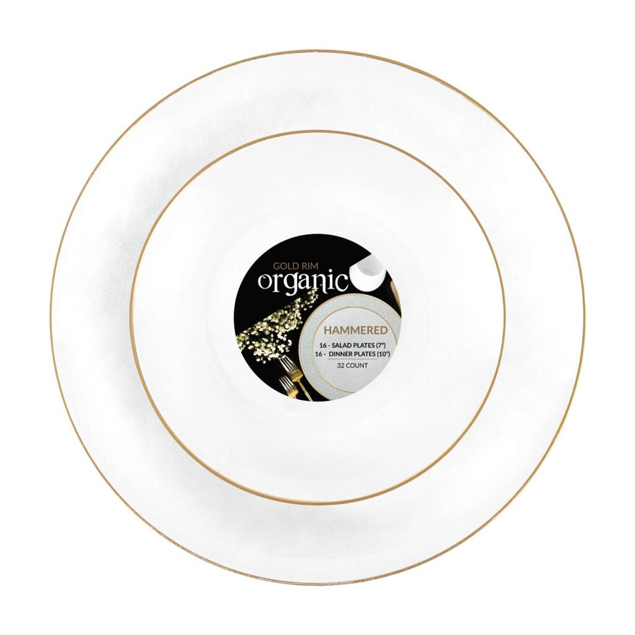 Organic Hammered White Transparent Gold Rim Combo Plates - 32 Count