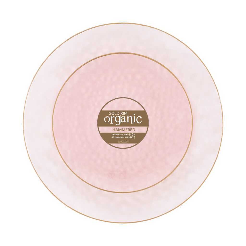 Organic hammered plastic plates combo set with gold rim in 7 and 10 inch sizes#Color_Pink Gold 32 Count