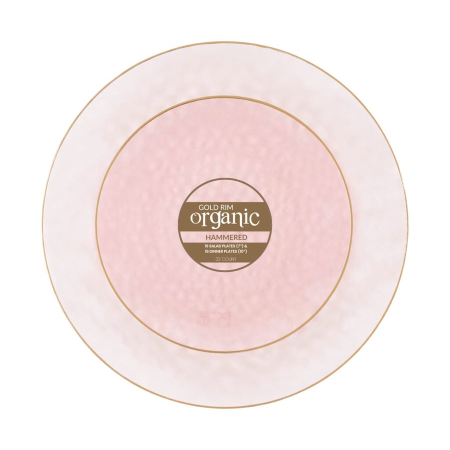 Organic hammered plastic plates combo set with gold rim in 7 and 10 inch sizes