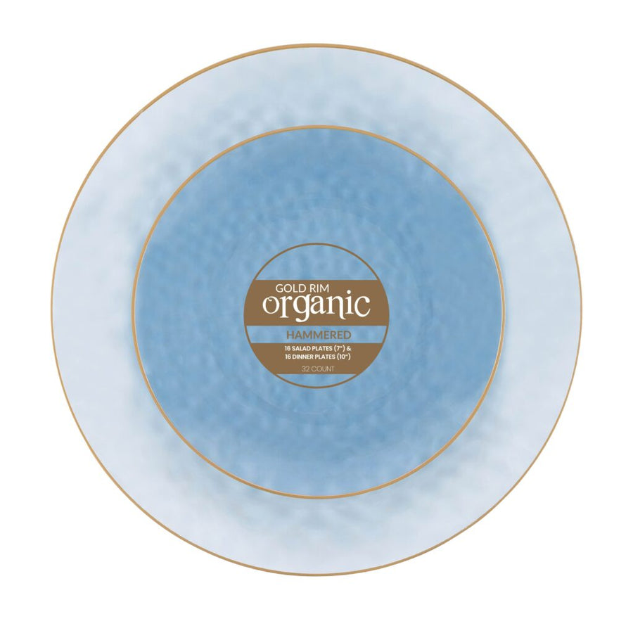 Organic hammered plastic plates combo set with gold rim in 7 and 10 inch sizes