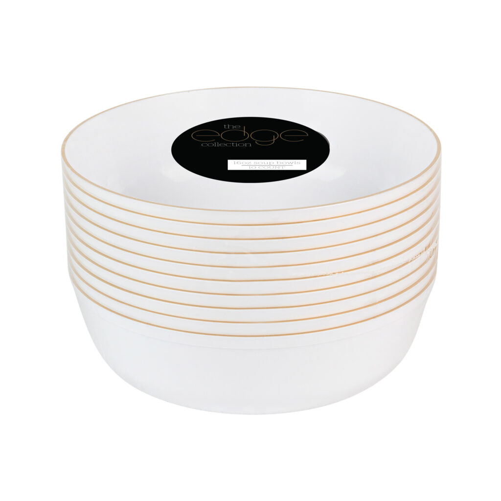 Edge Collection Soup Bowls White/Gold Rim 16 oz - 10 Count