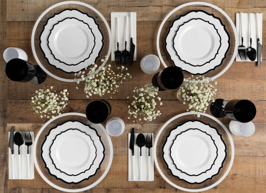 Contemporary Plates White with Black Rim 7.5 in & 10.5 in - 32 Count - The Closeout Connection