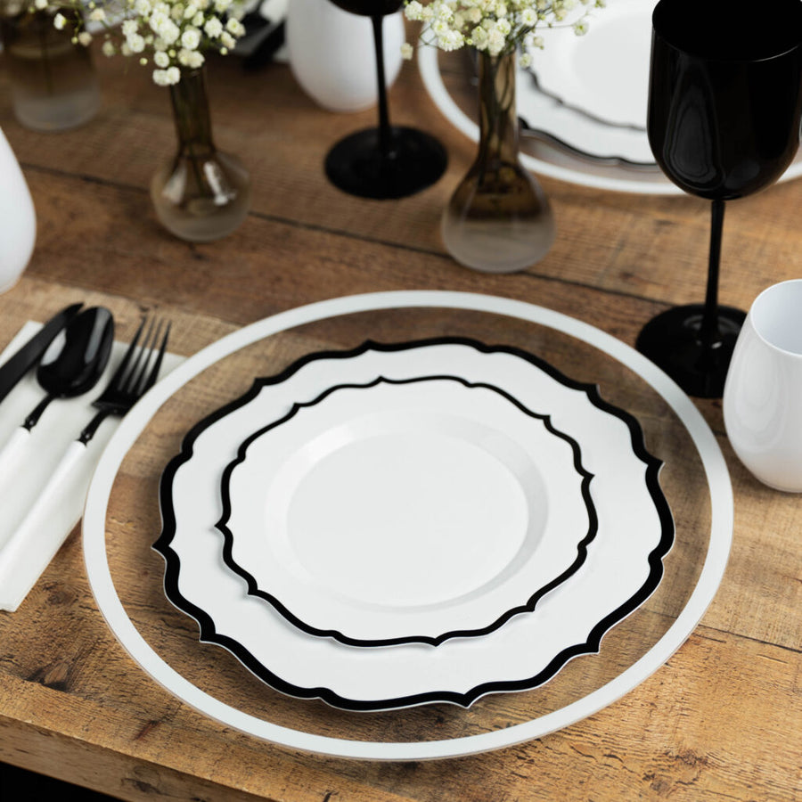 Contemporary Plates White with Black Rim 7.5 in & 10.5 in - 32 Count - The Closeout Connection