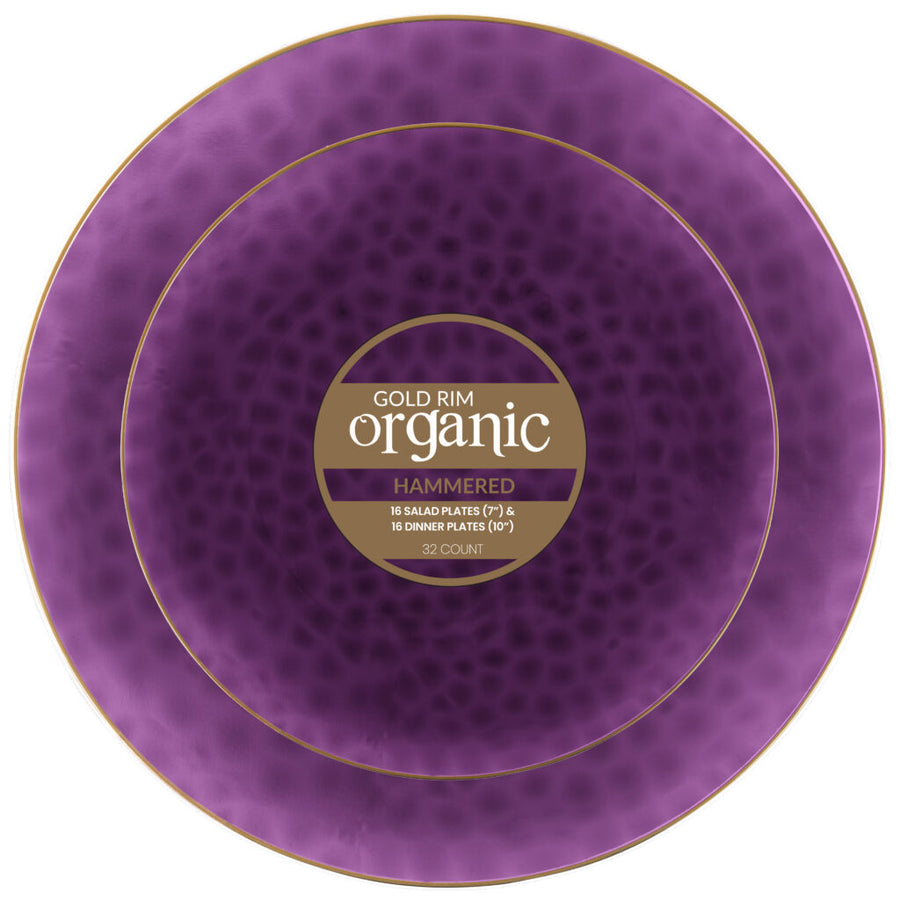 Organic Hammered Plates with Purple & Gold Rim (32 Count) - The Closeout Connection