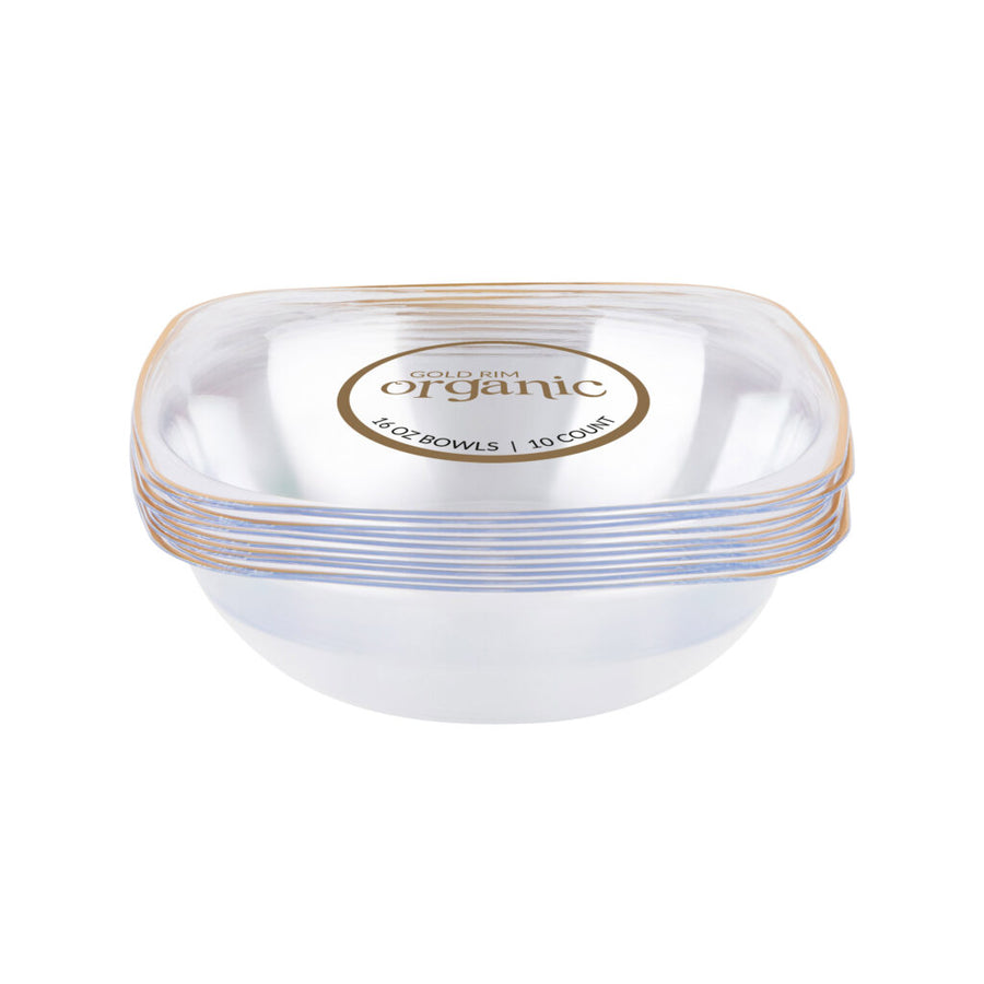 Organic Square Bowls Clear/Gold Rim 16 oz - 10 Count