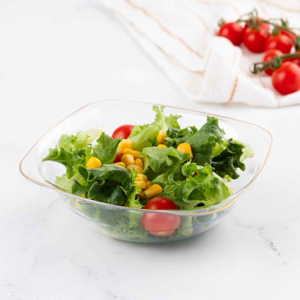 Organic Square Bowls Clear/Gold Rim 16 oz - 10 Count