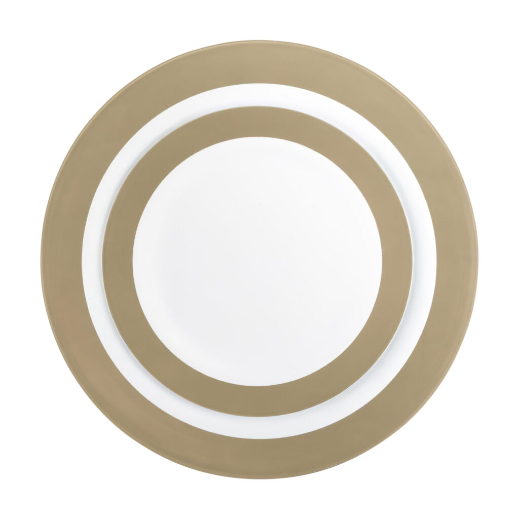 Shimmer white plastic combo plates with wide gold band rim, 10 inch dinner and 7 inch salad plates stacked #Color_White-Gold