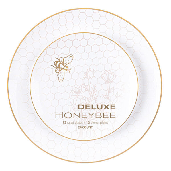 Honey Bee Deluxe Plates with gold honeycomb pattern#Design_Deluxe Honeycomb