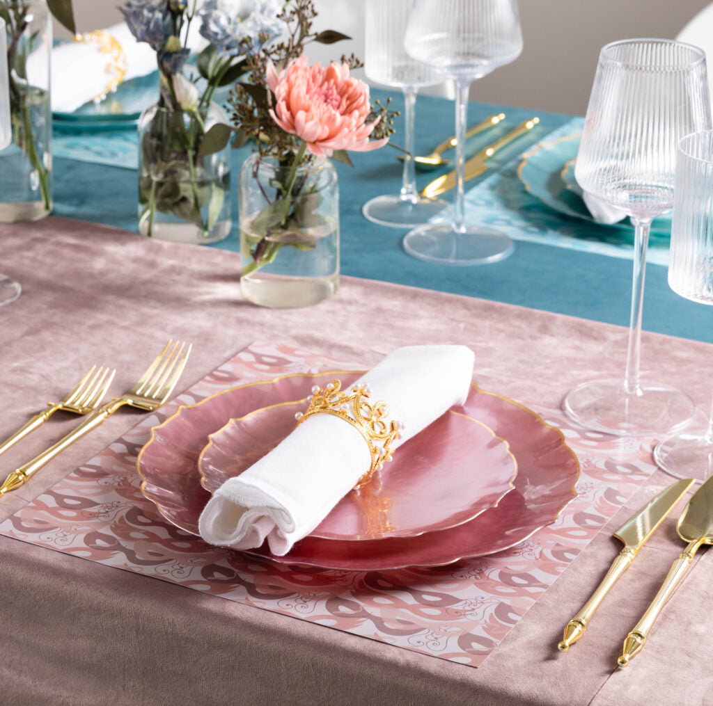 Aristocratic Pearl Pink & Gold Rim plates in a place setting - The Closeout Connection