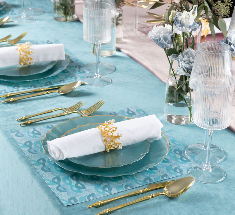 Aristocratic Pearl Blue & Gold Rim plates on a set table - The Closeout Connection