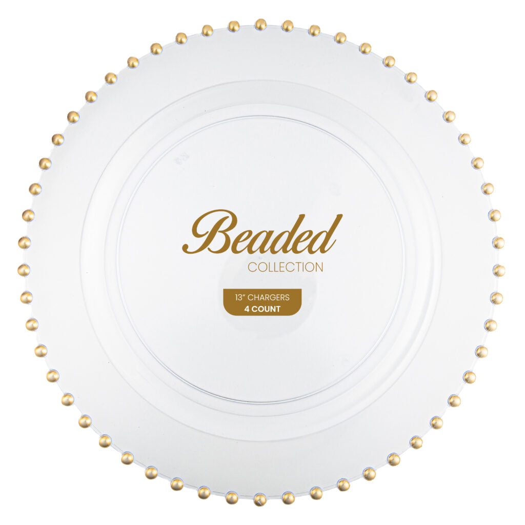 Beaded Chargers 13 in Clear/Gold - 4 Count - The Closeout Connection
