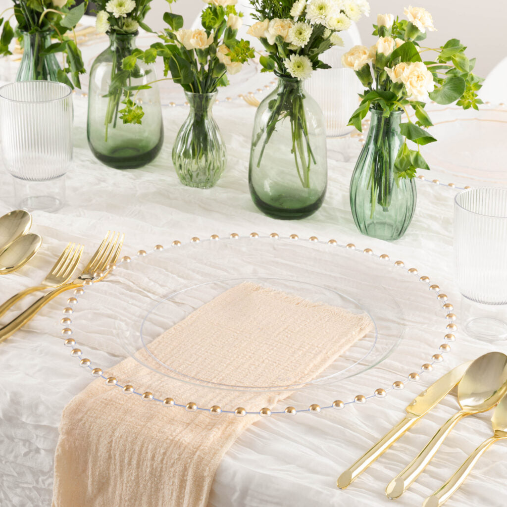 Beaded Chargers 13 in Clear/Gold - 4 Count - The Closeout Connection