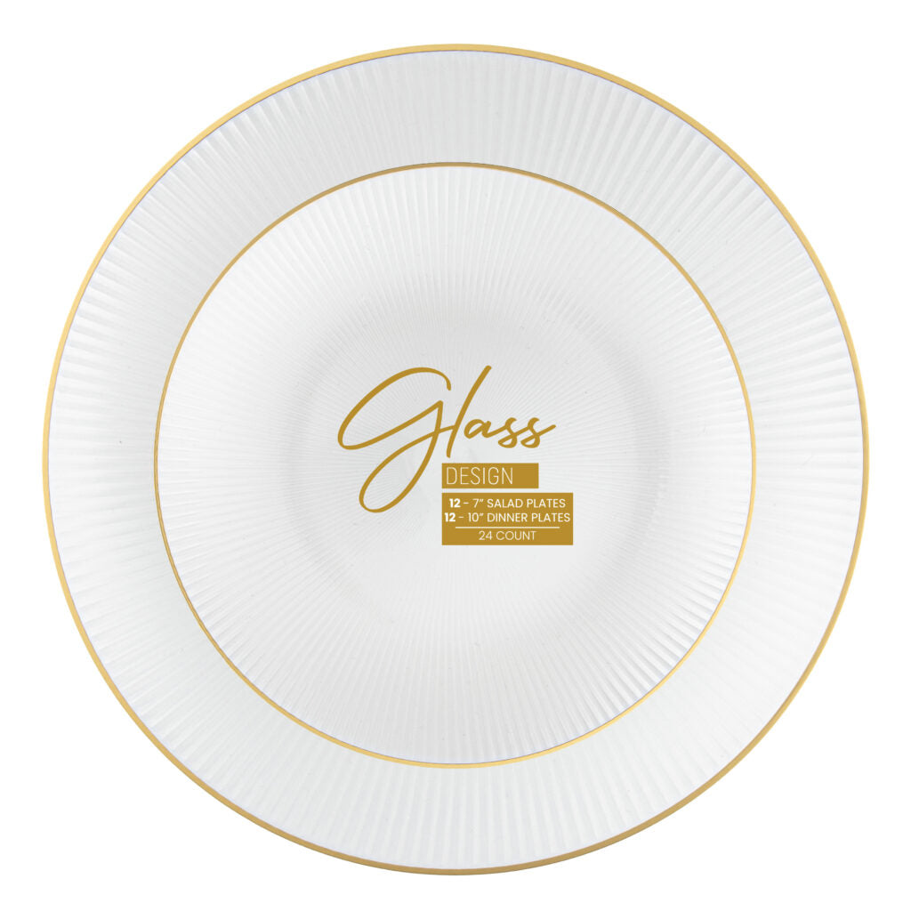 Glass Plates 7 in & 10 in Combo Pearl/Gold Rim - 24 Count - The Closeout Connection