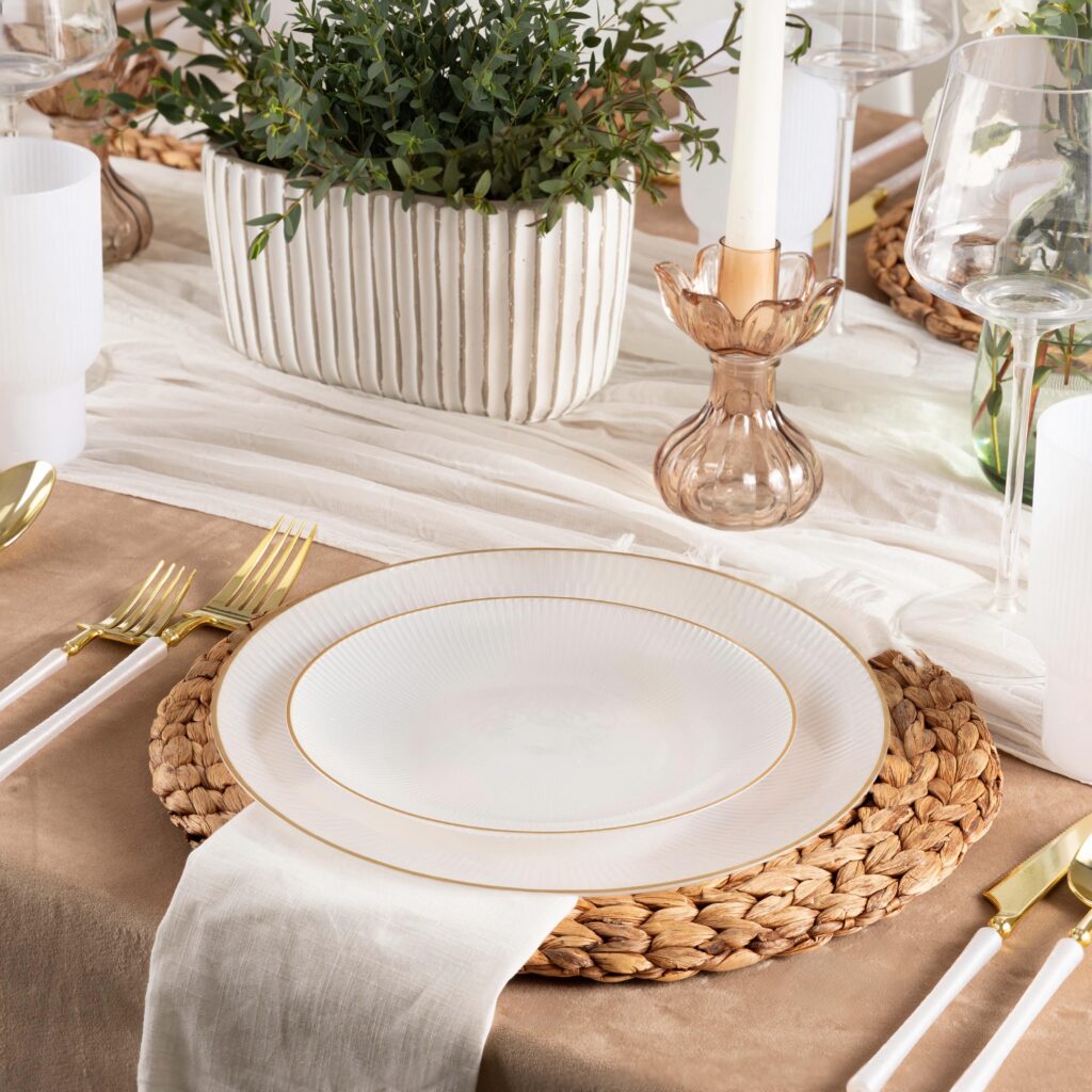 Glass Plates 7 in & 10 in Combo Pearl/Gold Rim - 24 Count - The Closeout Connection