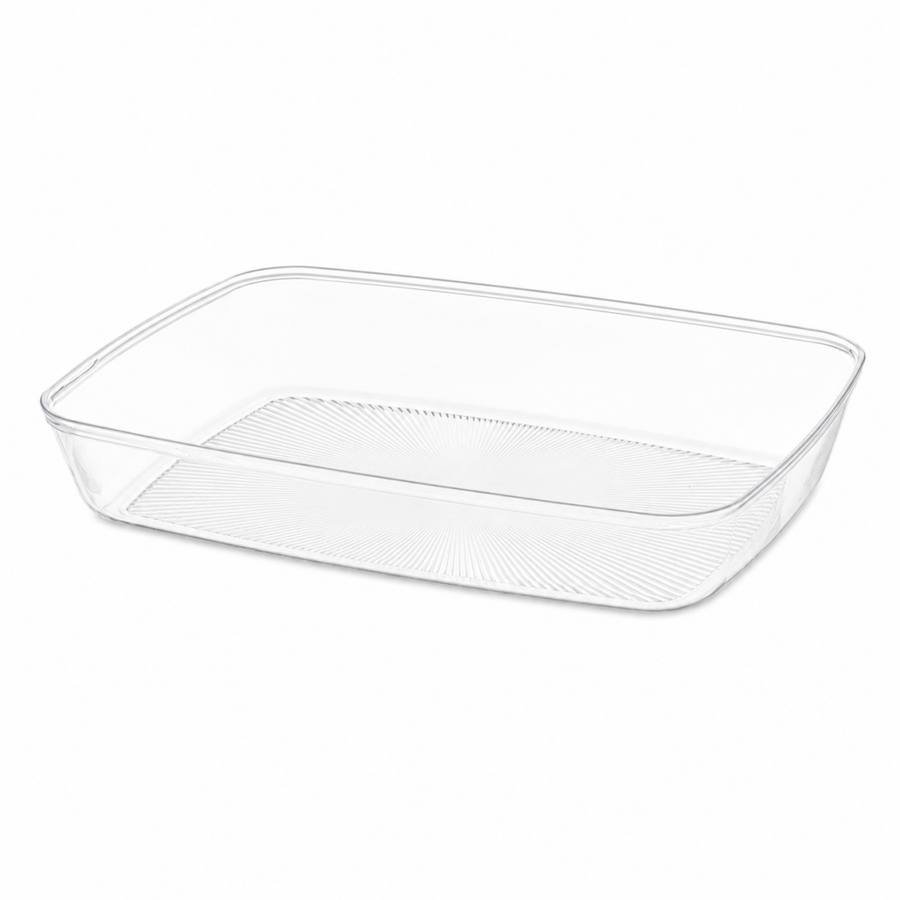 Clear 52 oz deep rectangular tray, angled view