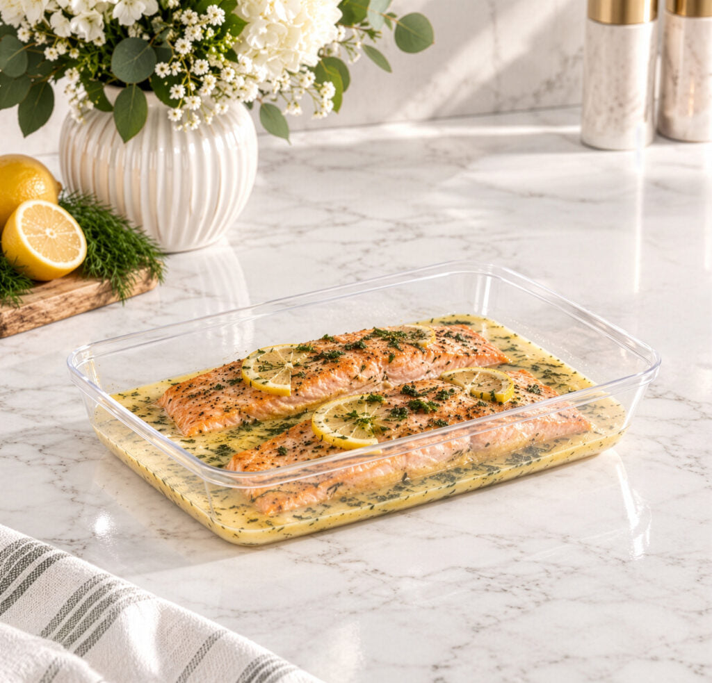 Clear deep rectangular tray with baked salmon on a marble counter#Type_52 oz Tray 7" x 10"