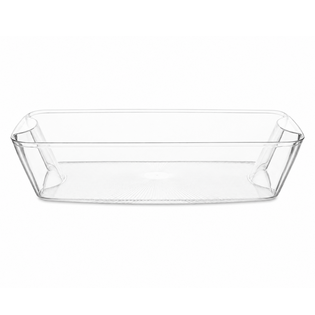 Clear deep rectangular plastic serving tray, 107 oz 8.5 x 12.25 inch#Type_107 oz Tray 8.5" x 12.25"